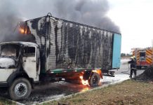 Caminhão carregado de madeiras de eucalipto pega fogo em Gaspar