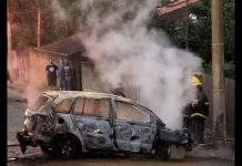 Carro pega fogo após bater contra poste em Blumenau