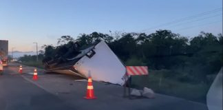 VÍDEO - Motorista perde controle e caminhão capota na BR-470, em Gaspar