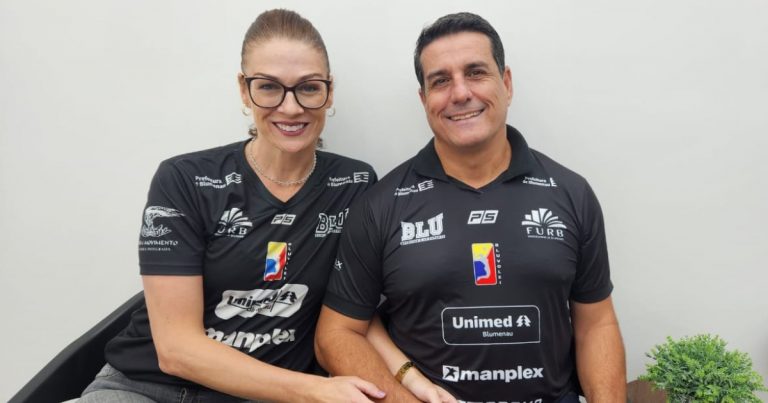 Edna Schlindwein e Rogério Portela, atleta e treinador da Bluvolei